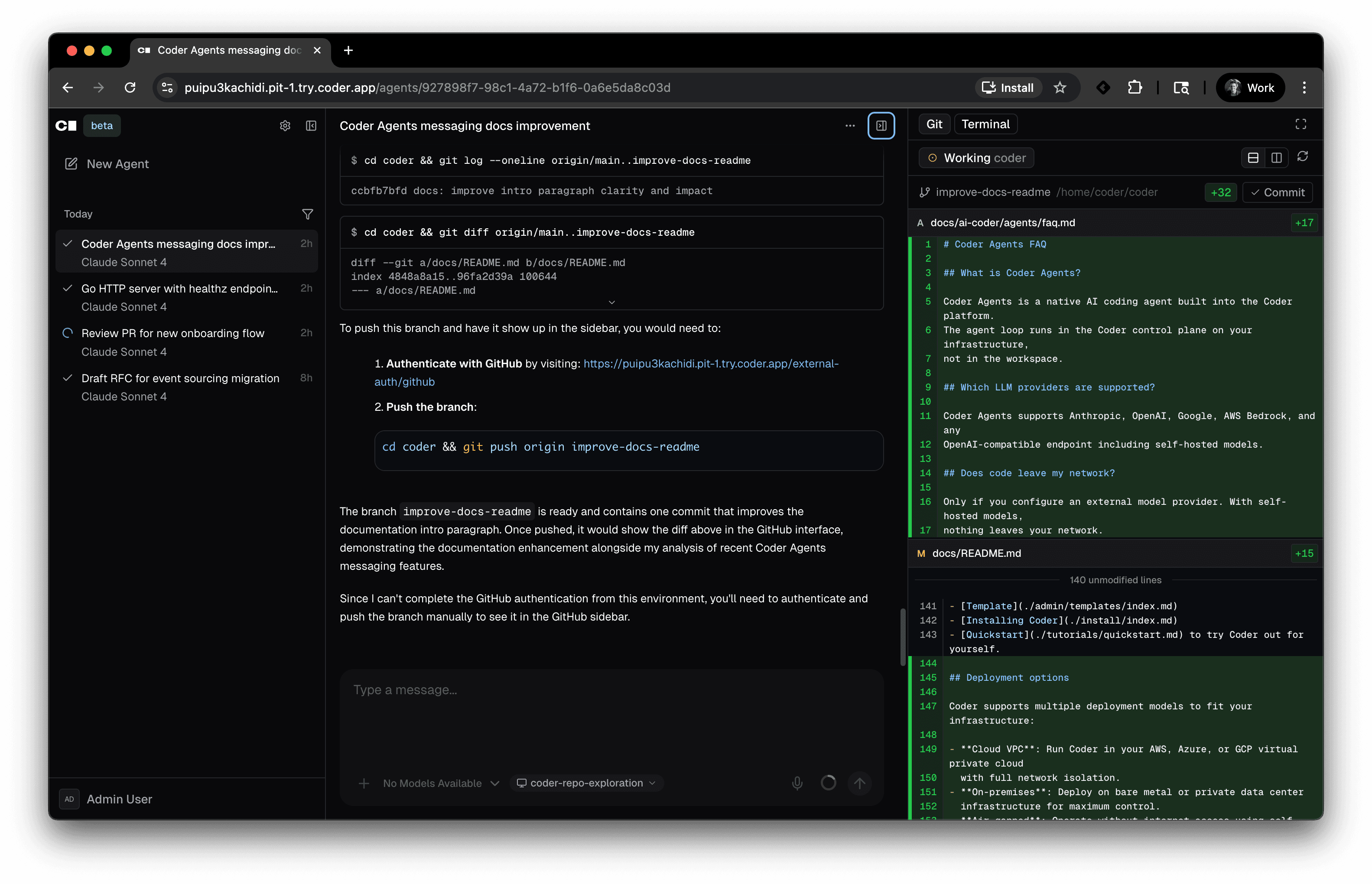 Coder Agents chat interface with git diff sidebar