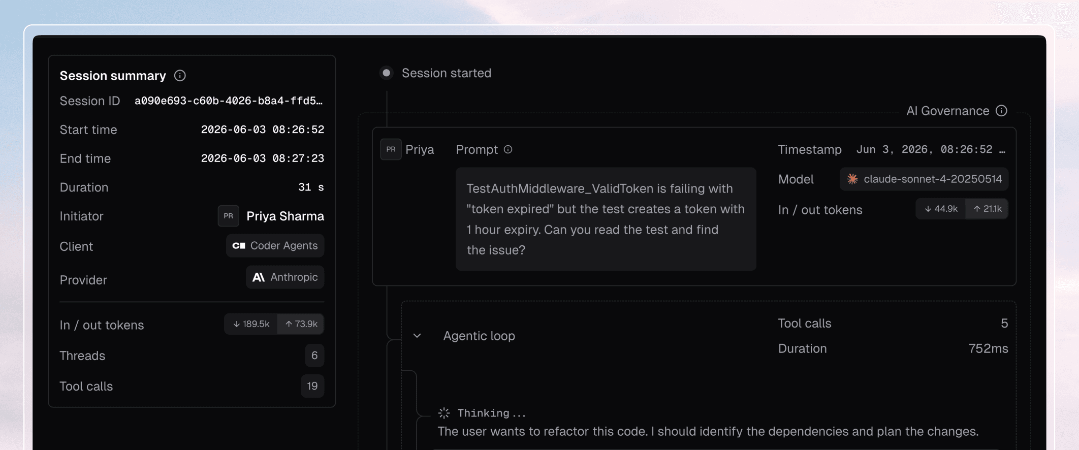 Coder Agents session summary with AI governance