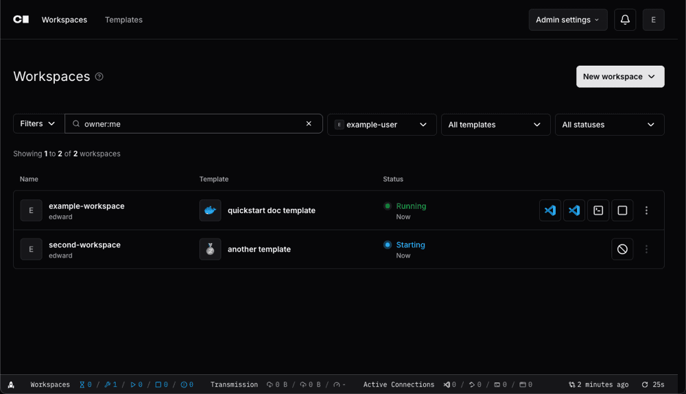 Developers create and delete their own workspaces. Coder administrators can easily enforce Workspace scheduling and autostop policies to ensure idle Workspaces don’t burn unnecessary cloud budget.